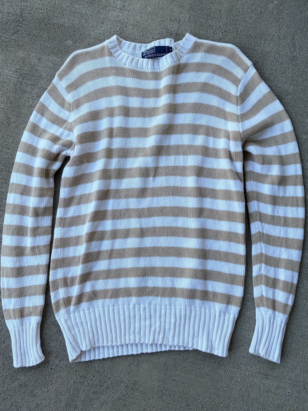 Vintage 90s polo Ralph Lauren tan white striped sweater nautical coastal cotton